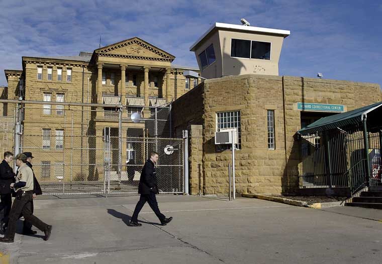 Employees outside Menard Correctional Center